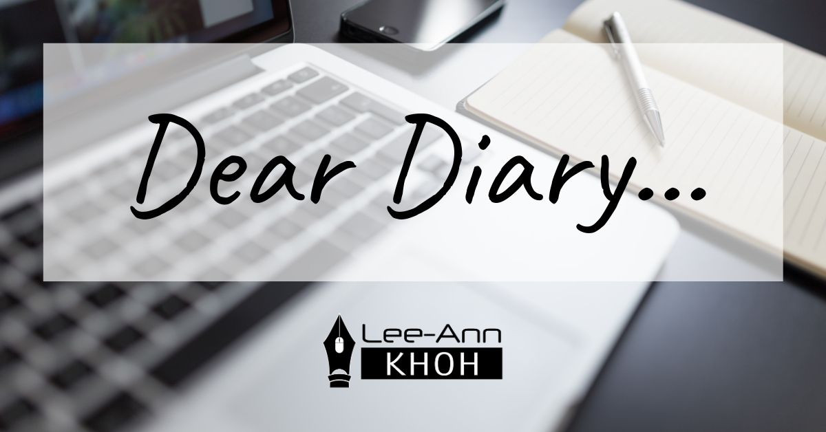 Text reads: Dear Diary. Background contains laptop, notebook, pen and smartphone.