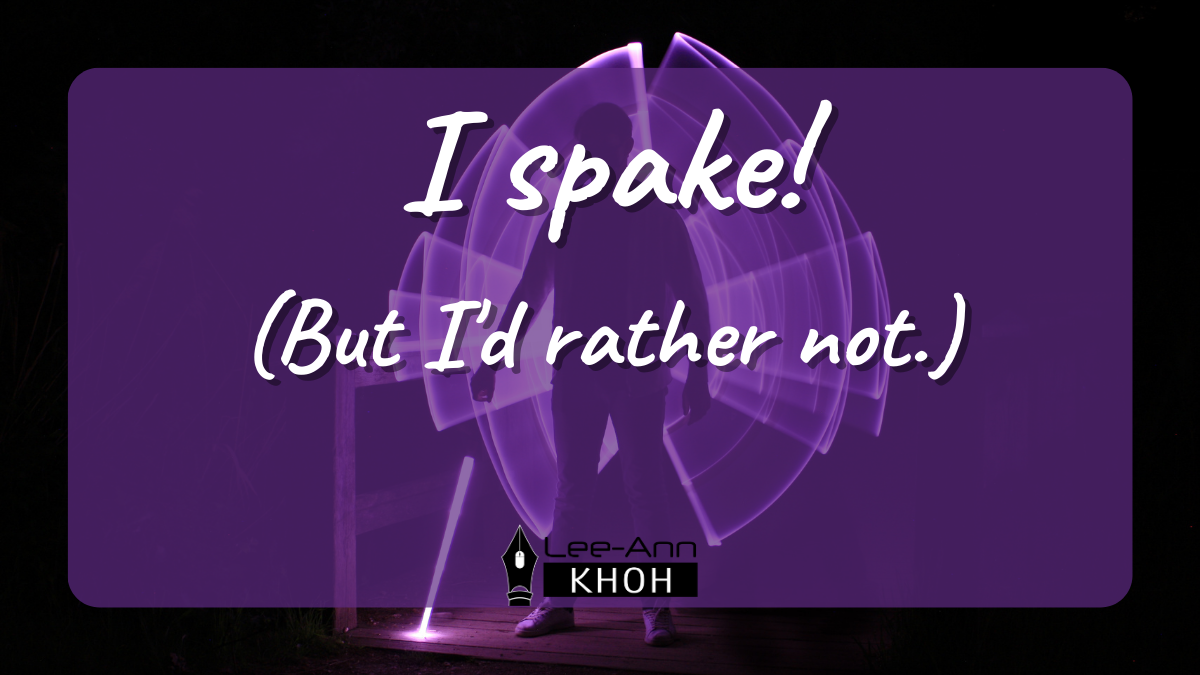 Text reads: "I spake! But I'd rather not." Background contains silhouette of a person holding a lightsaber in front of a neon light.
