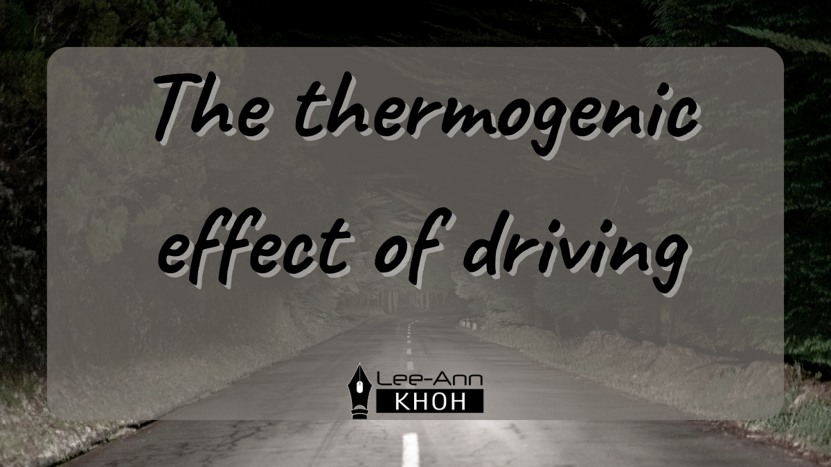 Text reads: The thermogenic effect of driving. Background contains a road leading into a dark forest.